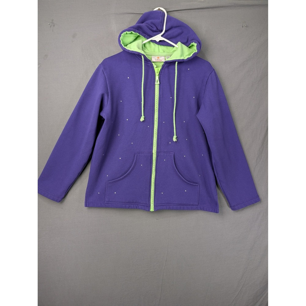 Quacker Factory Purple Rhinestone Full Zip Hoodie Medium Green Trim 6220